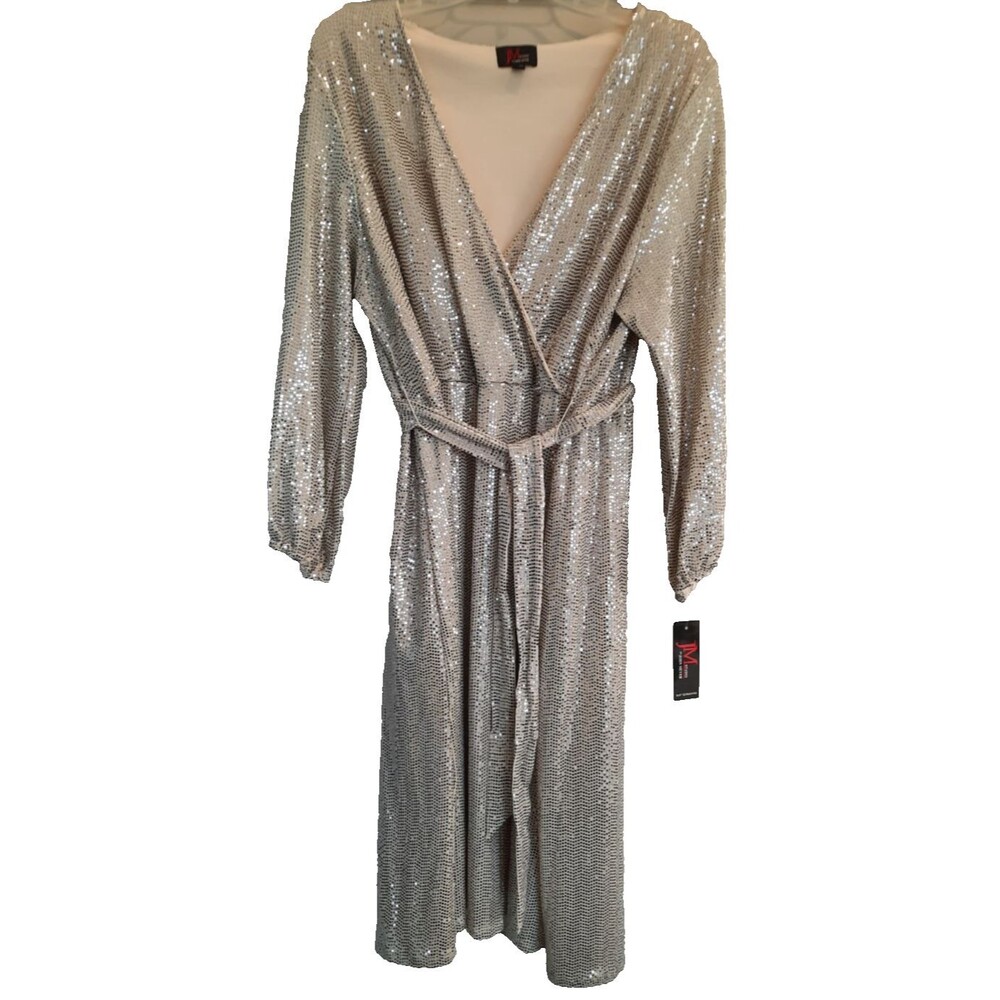 NWT JM Studio Silver Sequin Dress Stretch Belt V Neck Long Sleeves 18